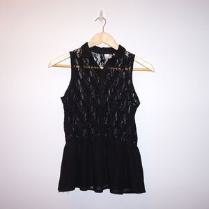 Black Lace Button Down Top with Collar
